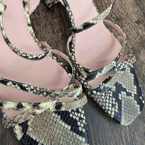 J Crew Odette Strappy Sandals 10.5 Black Cream Snake Embossed Leather Block Heel - Picture 10 of 14